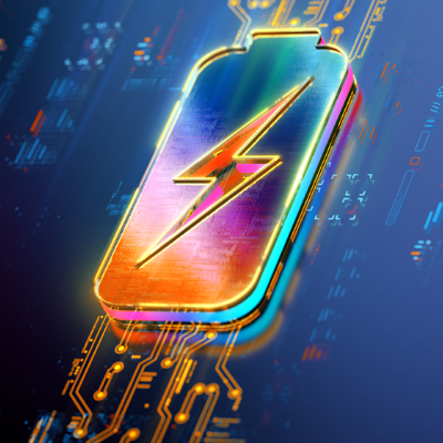 Das Bild zeigt ein bunt leuchtendes Batteriesymbol mit einem Blitz in der Mitte auf einem digitalen Schaltkreis-Hintergrund.