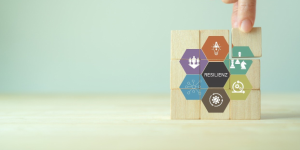 eine Hand, die Holzklötze zusammensetzt, auf denen hexagonale Symbole und das Wort „RESILIENZ“ abgebildet sind