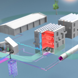 Das Bild zeigt eine schematische Darstellung eines vernetzten Energiesystems mit Gebäuden, Solaranlagen, Leitungen und unterirdischen Komponenten.