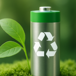 Das Bild zeigt eine silberne Batterie mit grünem Deckel und Recycling-Symbol, die neben einem grünen Blatt auf moosigem Untergrund steht.