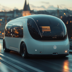 Ein autonomer Bus bewegt sich auf einer Straße, umgeben von städtischer Landschaft und Verkehr.
