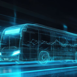 Das Bild zeigt einen digital dargestellten Bus in blauer Linienoptik, der durch eine futuristische Umgebung fährt.