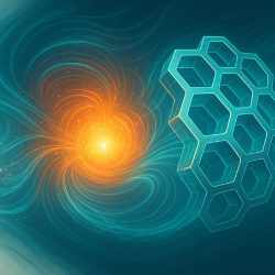 ein Atomteilchen als Ball in oranger Farbe mit einem Wabennetz 
