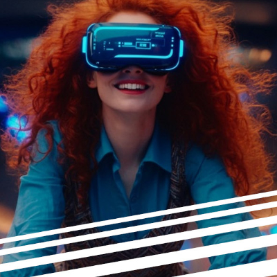 Eine lachende Frau mit auffällig roten Locken trägt ein leuchtendes Virtual-Reality-Headset und scheint in eine digitale Welt eingetaucht zu sein.