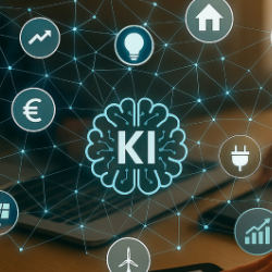 Das Bild zeigt ein digitales Netzwerk mit einem KI-Symbol im Zentrum, umgeben von Icons zu Energie, Finanzen und Technologie.