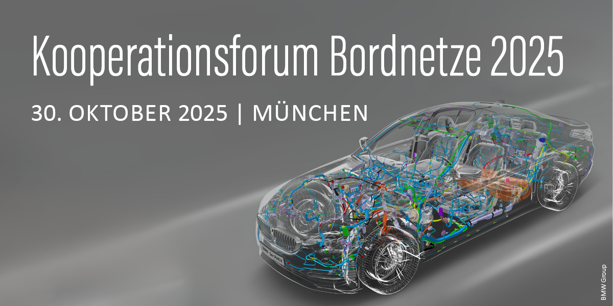 Das Bild zeigt ein halbtransparent dargestelltes Auto mit farblich hervorgehobenen Bordnetz-Komponenten vor einem grauen Hintergrund.