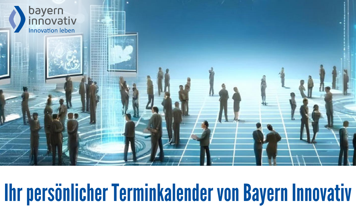 Viele Menschen stehen auf einem digitalen, rasterförmigen Boden in einer futuristischen, virtuellen Umgebung.
